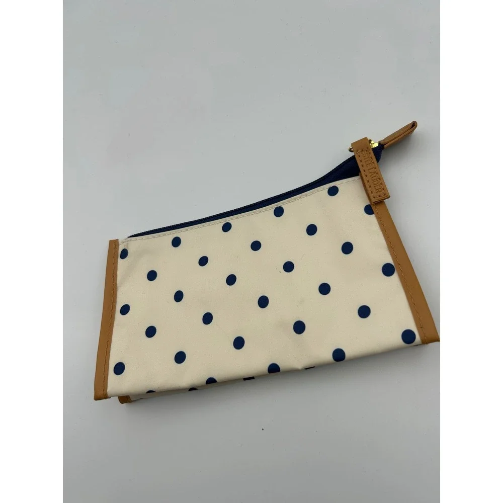 Estee Lauder Polka Dot Makeup Bag Cream Navy Blue Tan Trim Cosmetic Pouch